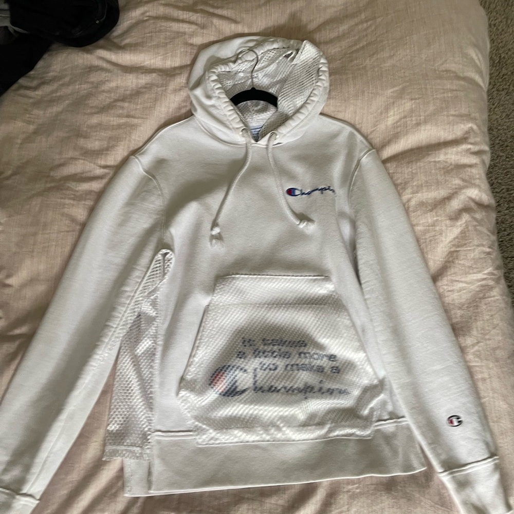champion all white mesh hoodie